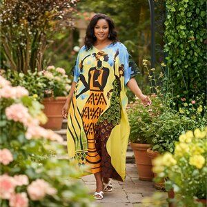 Gypsie Blu Plus Size Caftan Dress Lady Tribal Printed Maxi Cover Up for Party